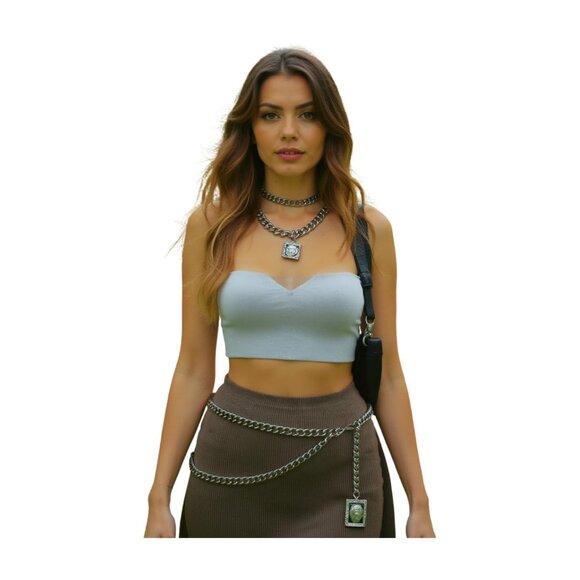 Women High Waist Hip Silver Metal Chain Links Wave Belt Lion Charm Size XS S M - Picture 11 of 17